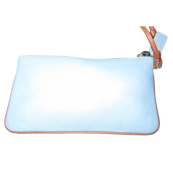 Coach Vintage Soho Powder Blue Wristlet with Tan leather trim & buckle flap and - Picture 2 of 5